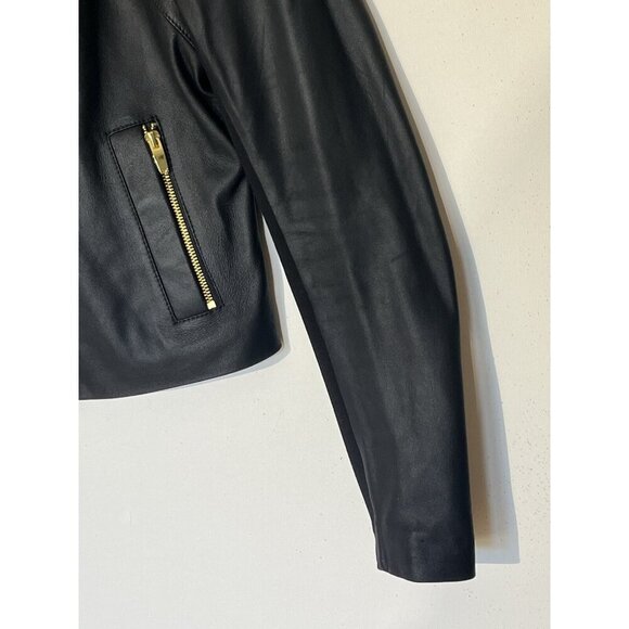 New Via Spiga Black Leather Stretch Fabric Combo Zip Moto Jacket - Picture 10 of 13